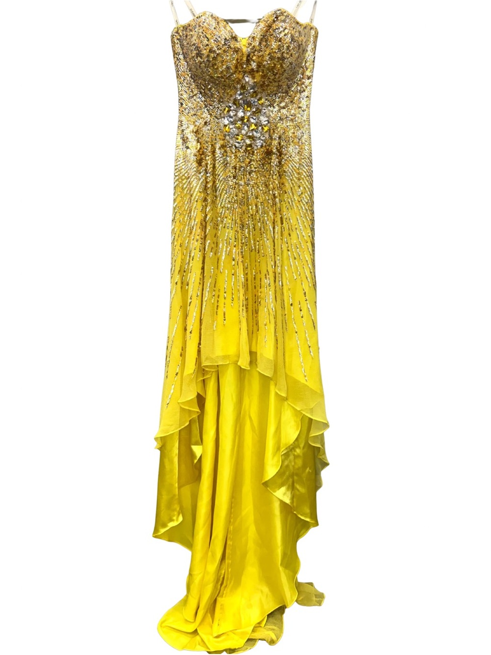 Sherri Hill Yellow Gold Sequin Rhinestone Strapless High-Low Silk Formal Dress 0